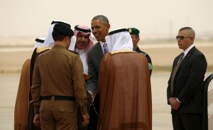 U.S. President Barack Obama is greeted upon his arrival at King Khalid International Airport for a summit meeting in Riyadh, Saudi Arabia April 20, 2016. REUTERS/Kevin Lamarque