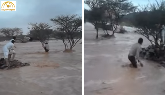 بالفيديو: شابان ينقذان شخص من الغرق بعدما جرفته السيول بالمويه