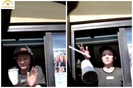 بالفيديو: موظفة ماكدونالدز تقذف  الكولا على زبون بعد ان حاول اخافتها ببوق سيارته