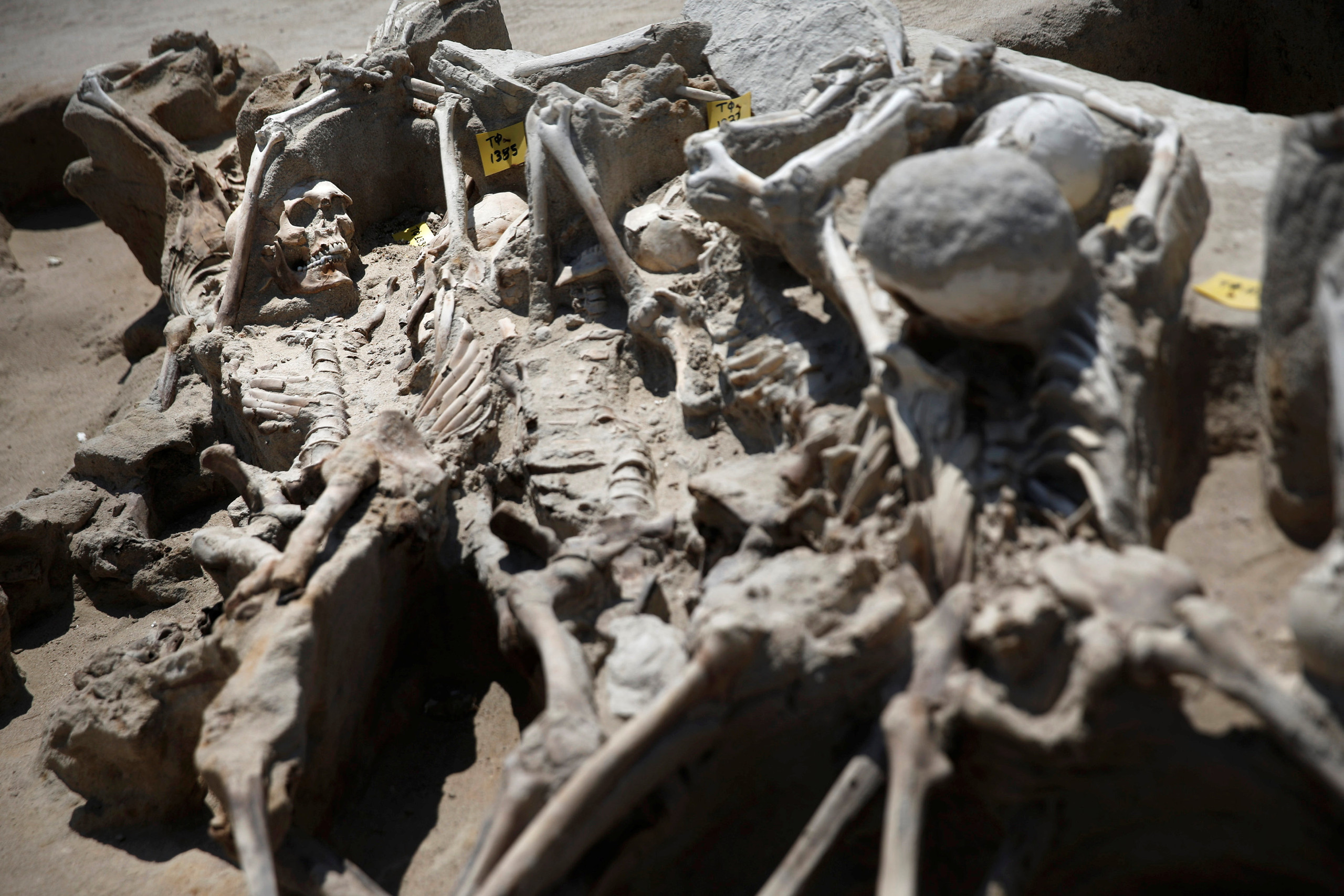 Skeletal remains, with iron shackles on their wrists, are piled on top of each other at the ancient Falyron Delta cemetery in Athens, Greece, July 27, 2016. Picture taken July 27, 2016. REUTERS/Alkis Konstantinidis