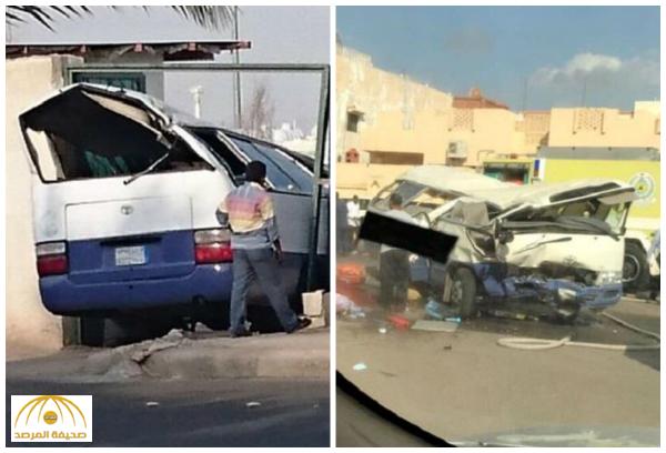 بالصور والفيديو : مصرع سائق و مرافقته و إصابة 7 نتيجة حادث تصادم لحافلة رياض أطفال بحي الخالدية