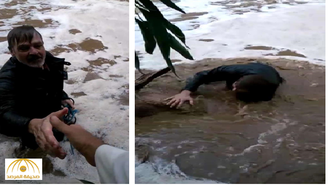 بالفيديو والصور : مواطنان ينقذان سائحاً ألمانياً من الغرق في سيول الباحة