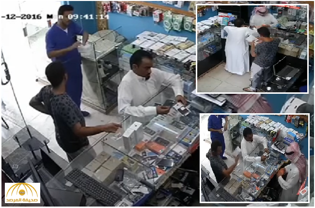شاهد:مواطن يسرق“جوالين” بطريقة غريبة أمام أعين البائع بجازان