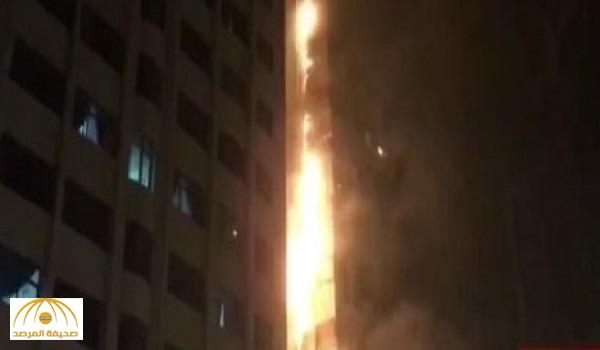 بالفيديو : حريق مروع ببرج سكني في أبوظبي واستنفار الدفاع المدني