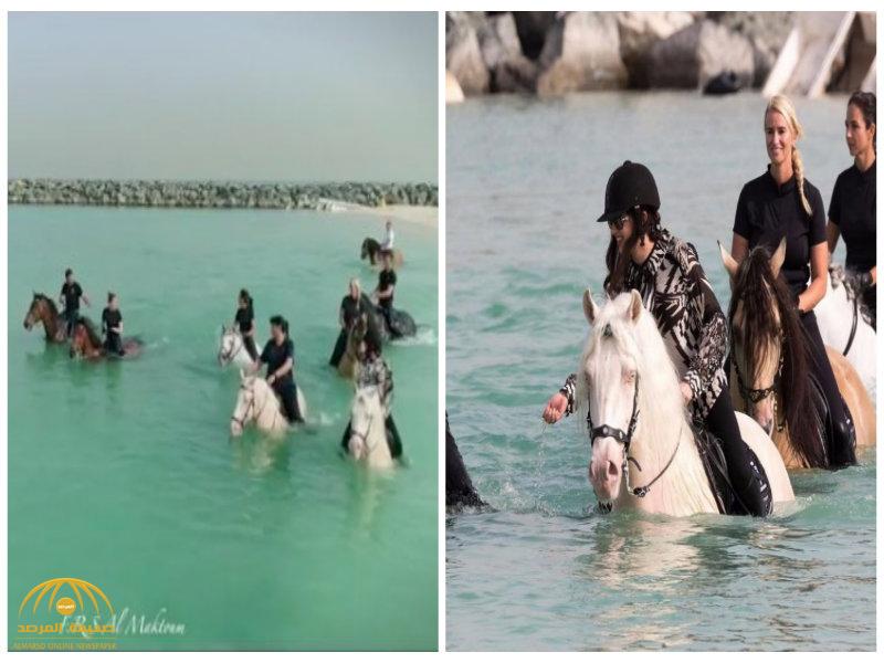 بالصور:  بنات  "محمد بن راشد" يمارسن  ركوب الخيل داخل الماء في دبي