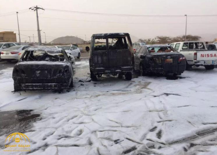 بالصور و الفيديو : حريق بمركبات إثر سقوط مقذوف عسكري أطلقته مليشيات الحوثي على نجران