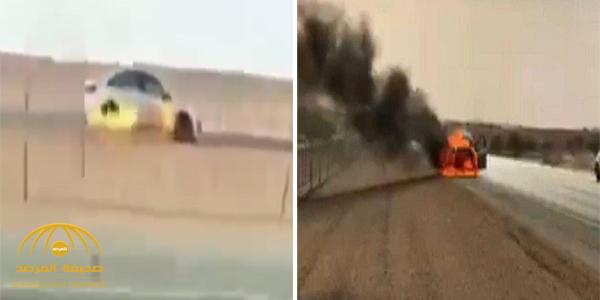 شاهد .. مواطن يعكس السير بسيارة مشتعلة على طريق القصيم - الرياض
