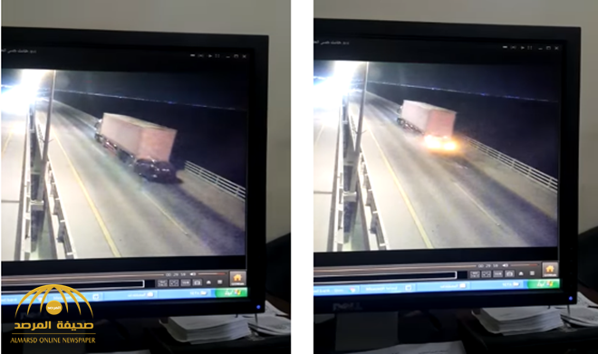 شاهد:لحظة اصطدام سيارة بشاحنة واشتعالها على جسر الملك فهد