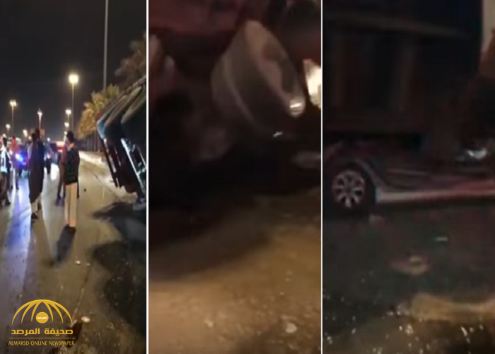 حادث مروع.. بالفيديو: لن تصدق كيف خرج شاب سعودي من داخل سيارته بعد سحقها بالكامل عبر شاحنة!