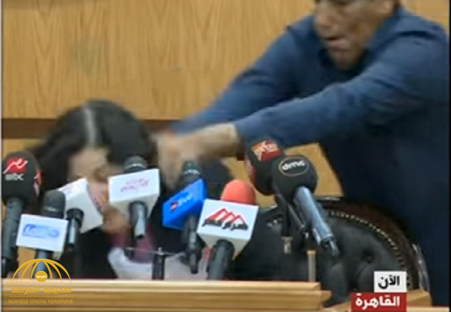 شاهد بالفيديو ..لحظة تعرض مسؤولة مصرية للضرب أثناء مؤتمر صحفي!