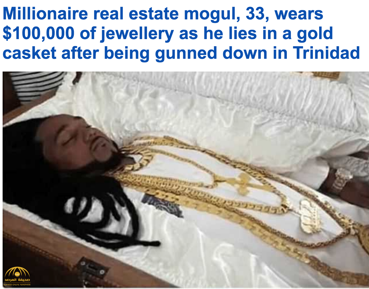 بالصور: شاهد مليونير "ترينيدادي" شاب يتم تأبينه مرتديا المجوهرات وداخل تابوت ذهبي