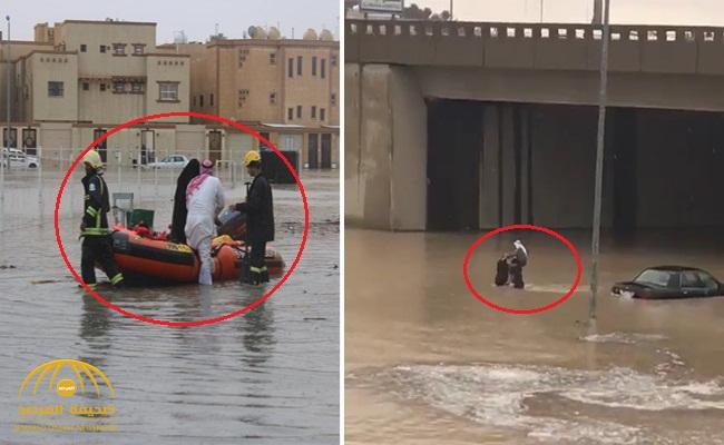 شاهد .. شبان ينقذون مسناً من الغرق في عنيزة .. والدفاع المدني ينتشل الأهالي بالقوارب