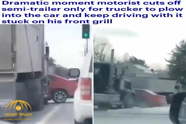 شاهد : ردة فعل غير متوقعة من سائق شاحنة ضخمة تجاه سيارة "فارهة" حاولت قطع الطريق أمامه!