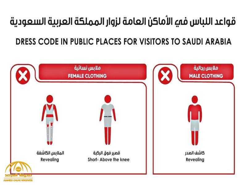 شاهد: صورة تشرح قواعد اللبس المخالف للرجال والنساء في الأماكن العامة لزوار المملكة