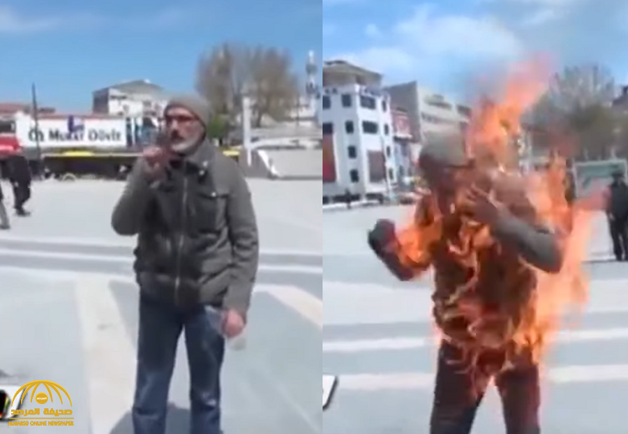 بالفيديو ... تركي يضرم النيران بجسدة أمام البلدية وعدسات المصورين بسبب 2000 ليرة !