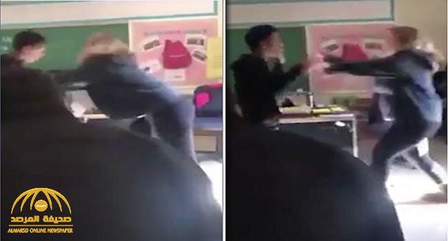 شاهد: طالب في مدرسة أمريكية يضرب معلمته داخل فصل في مشاجرة عنيفة