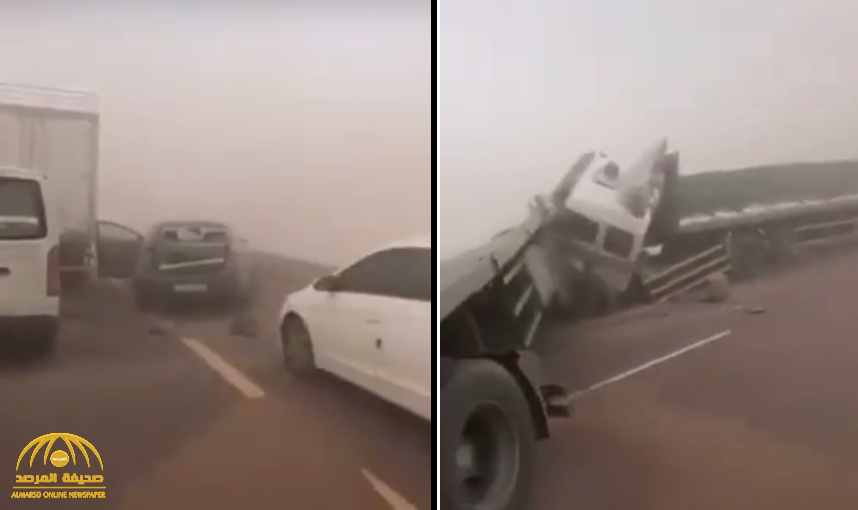بالفيديو ... تصادم جماعي لعدد من المركبات  على طريق المدينة – حائل بسبب موجة الغبار !