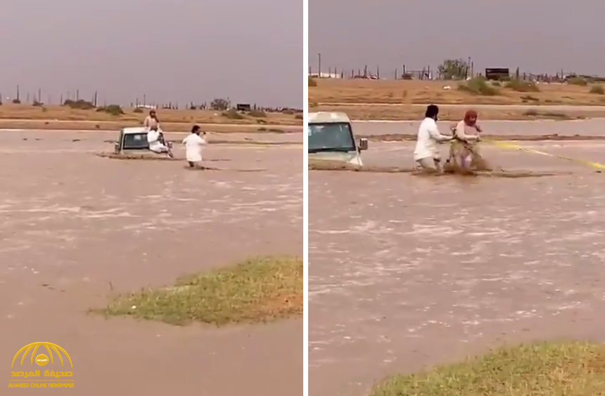 شاهد : السيول تجرف مركبة شخصين في محافظة رماح وردة فعل بطولية من مواطن تنقذ الموقف