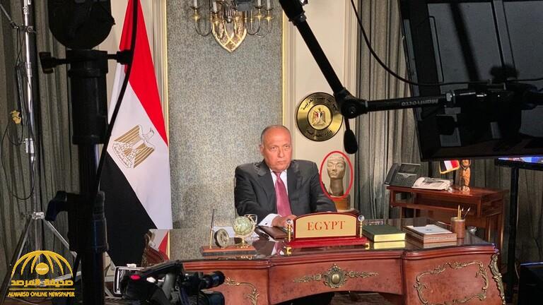 الكشف عن هوية التمثال الفرعوني الذي ظهر بجوار وزير خارجية مصر خلال حديثه عن "سد النهضة"