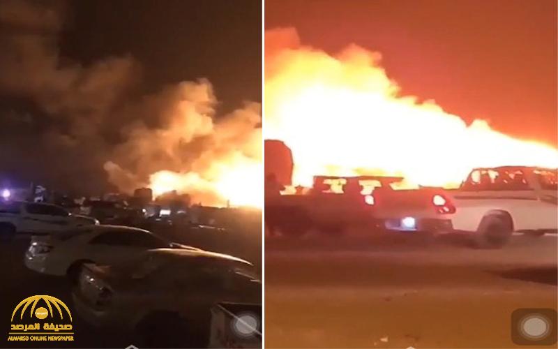شاهد: حريق ضخم يلتهم  أكثر من "١٠ تريلات " في سوق الأعلاف بحفر الباطن