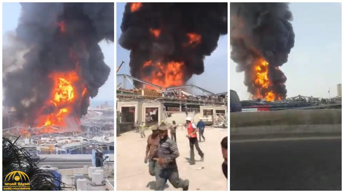 شاهد : اندلاع حريق ضخم في مرفأ بيروت .. والعمال يهربون