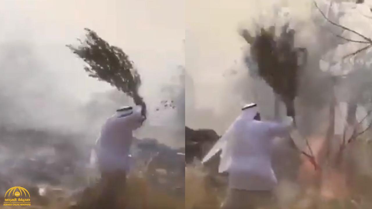 شاهد.. مواطن يحاول إخماد حريق جبل عمد بأوراق الشجر