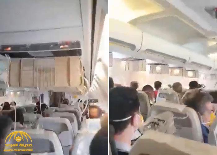 شاهد: ذُعر وصراخ الركاب وسقوط أجهزة التنفس الصناعي على متن طائرة إيرانية