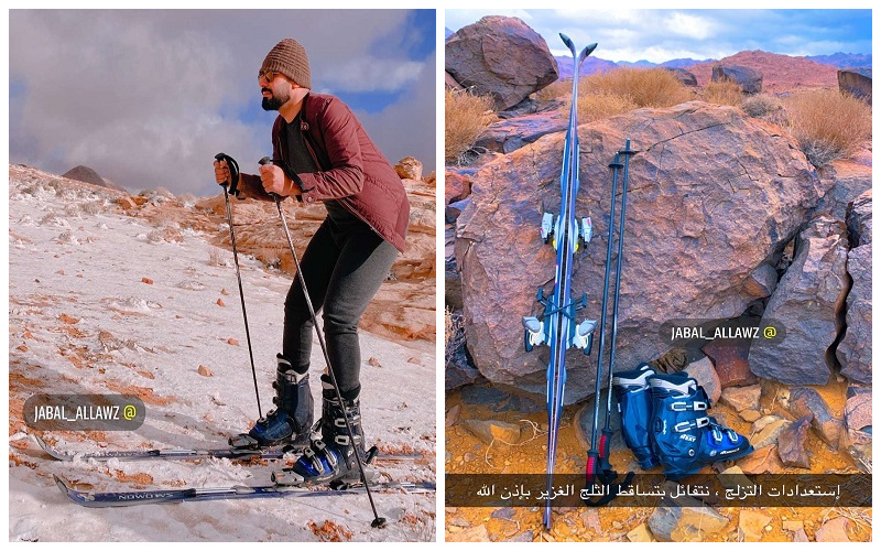 شاهد .. مواطنون يمارسون التزلج على ثلوج جبل اللوز بتبوك