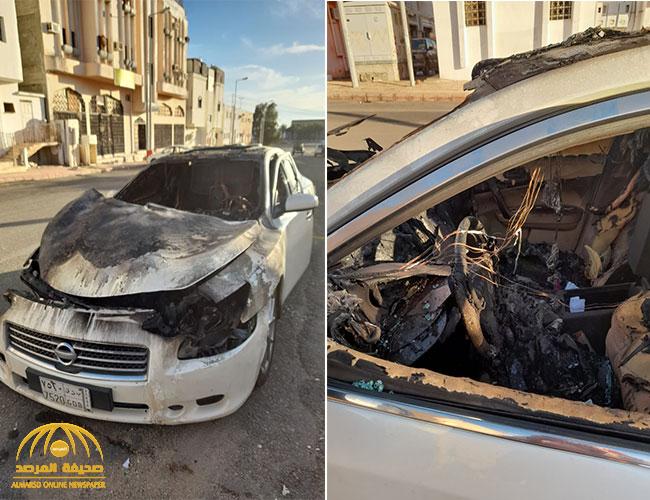 تحوّلت إلى رماد".. شاهد: حرق سيارة مواطن أمام منزله في ضباء