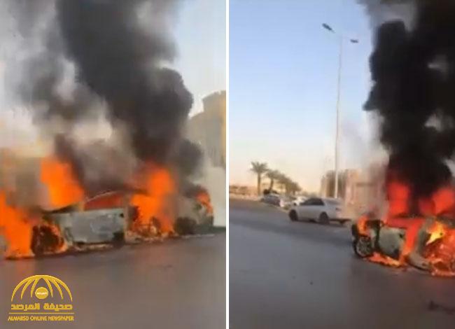 شاهد.. احتراق وتفحم سيارة بشكل مفاجئ بعد اصطدامها بعدة مركبات في الرياض
