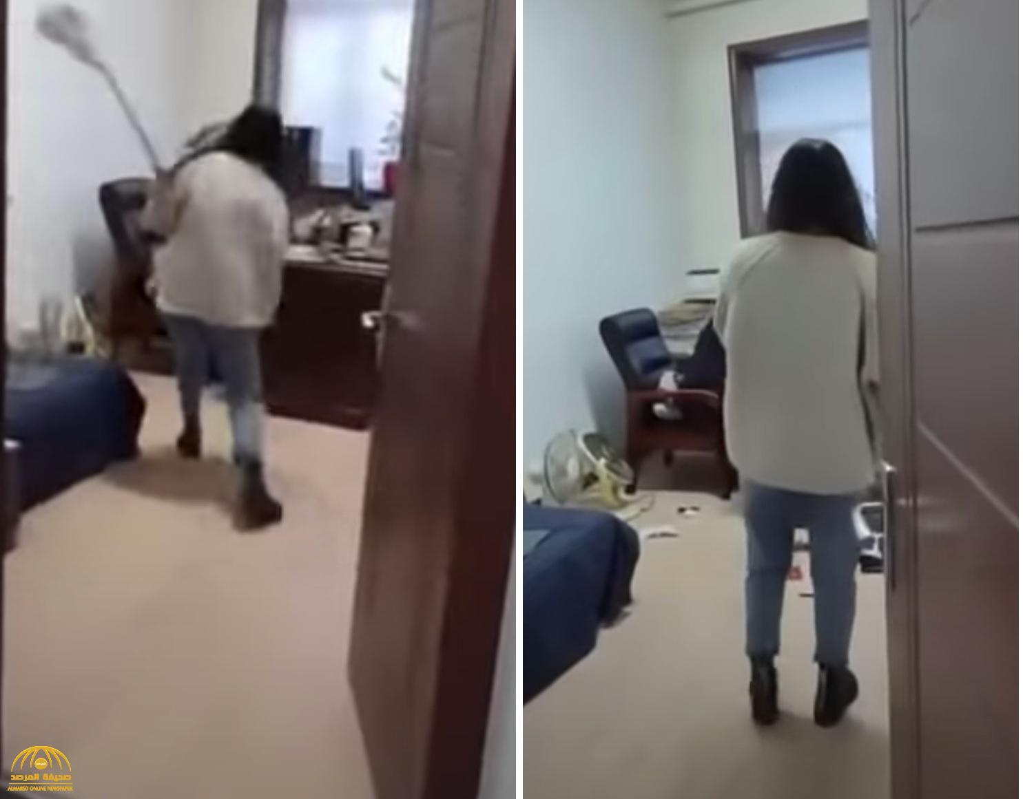 شاهد: موظفة تضرب رئيسها في العمل بالمكنسة بعد تحرشه بها!