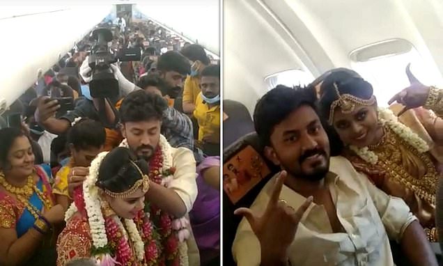 شاهد.. عروسان هنديان يقيمان حفل زفاف بحضور 160 ضيفًا على متن طائرة لتجنب قواعد الإغلاق!