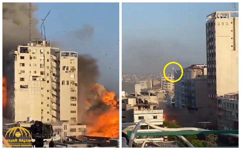 شاهد.. فيديو جديد أكثر وضوحاً لحظة انهيار برج الشروق بغزة بعد قصفه من جانب إسرائيل