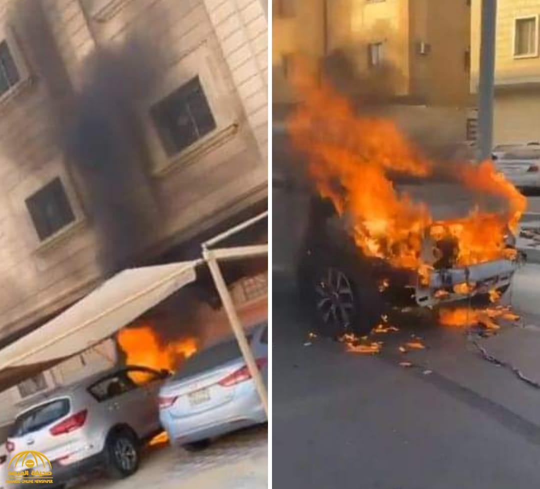شاهد.. ردة فعل مواطن بعدما تفاجأ بسيارة تحترق أسفل عمارة سكنية في الدمام