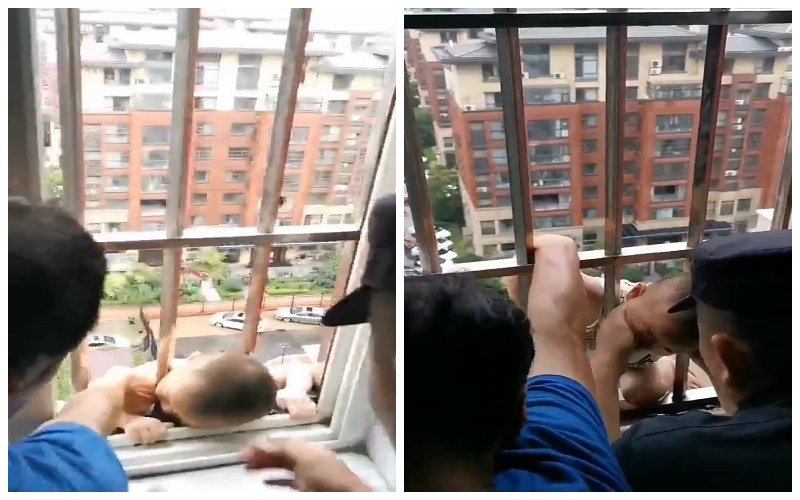 طفل  يتدلى من نافذة عمارة مرتفعة.. شاهد: لحظة إنقاذه في اللحظات الأخيرة