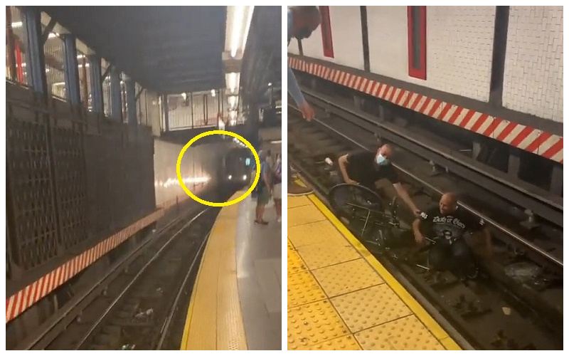 شاهد.. سقوط شخص معاق بكرسيه المتحرك على سكة المترو قبل لحظات من وصول القطار