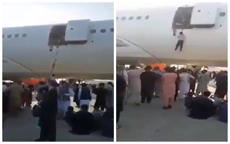 شاهد.. أفغان يلجأون لأغرب طريقة للصعود إلى الطائرة بـ"مطار كابل" للهروب خارج أفغانستان