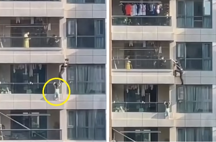 شاهد .. كيف أنقذ شرطي طفلة تسلقت شرفة بالطابق الـ 11 في مبنى شاهق