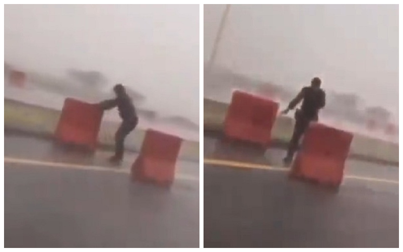 شاهد.. تصرف مفاجئ من جندي على طريق "أبو عريش - أحد المسارحة" أثناء الرياح والأمطار الغزيرة