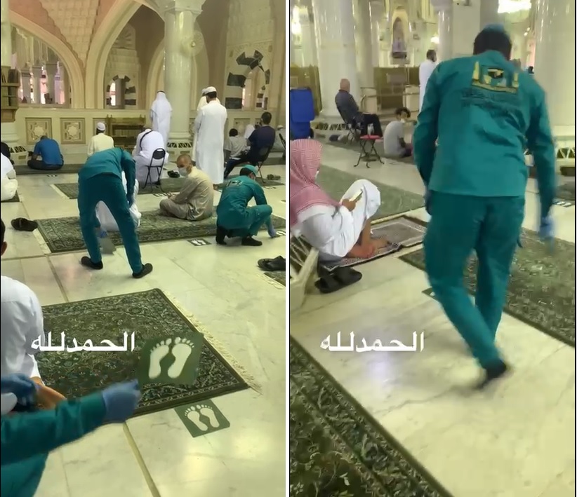 شاهد.. لحظة إزالة ملصقات التباعد بين المصلين في المسجد الحرام