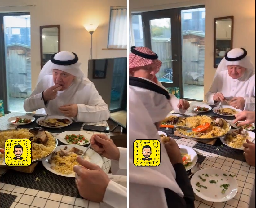 إعلاميو "نيوكاسل" بالغترة والشماغ يتناولون "الكبسة".. شاهد: ردة فعلهم على مذاق الطعام السعودي