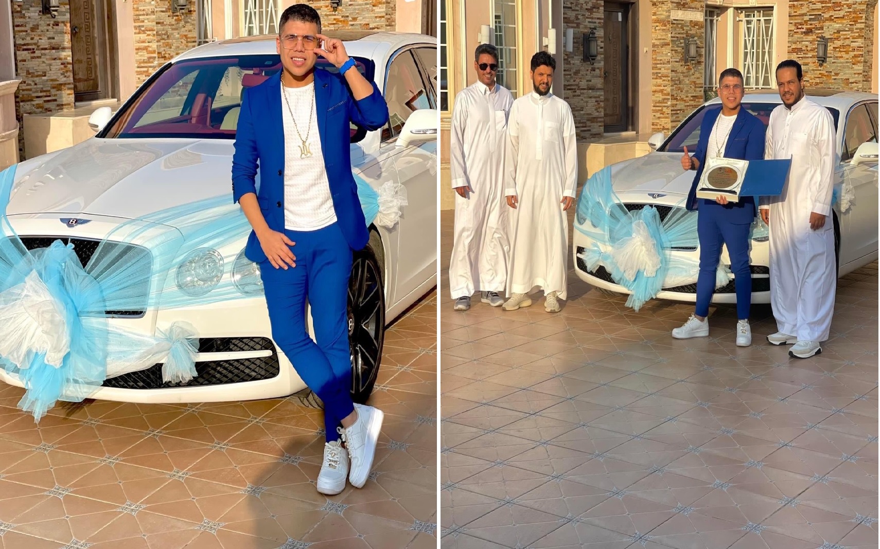 شاهد : سعودي وأخوانه يهدون الفنان المصري "عمر كمال" درع وسيارة «بنتلي» أثناء زيارته لهم بجدة