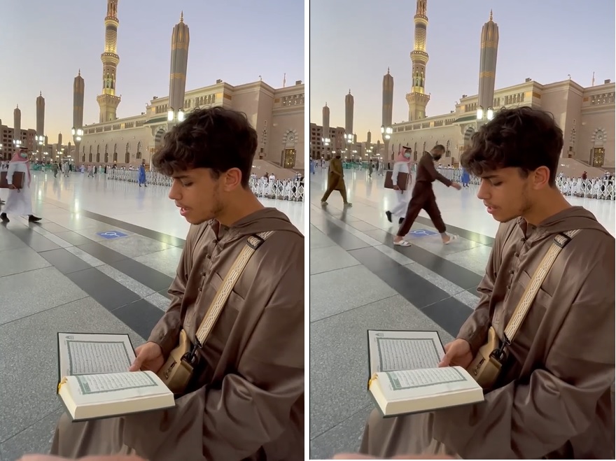 شاهد.. مغنٍ بريطاني شهير ينشر مقطع وهو يرتل القرآن من ساحات الحرم النبوي