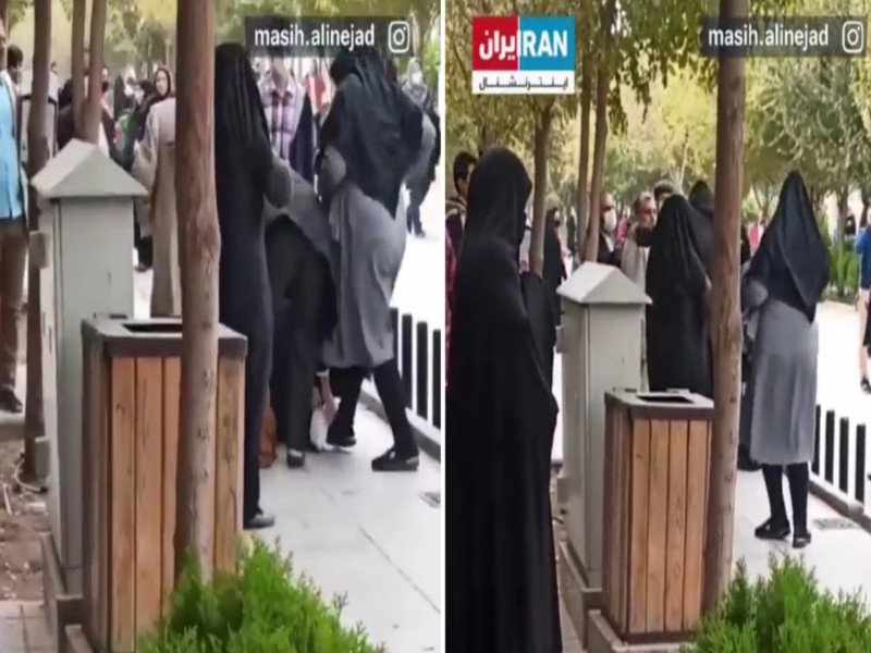 شاهد: واعظ إيراني يضرب امرأة بعصا وسط شارع عام .. والأخيرة تفاجئه بردة فعلها