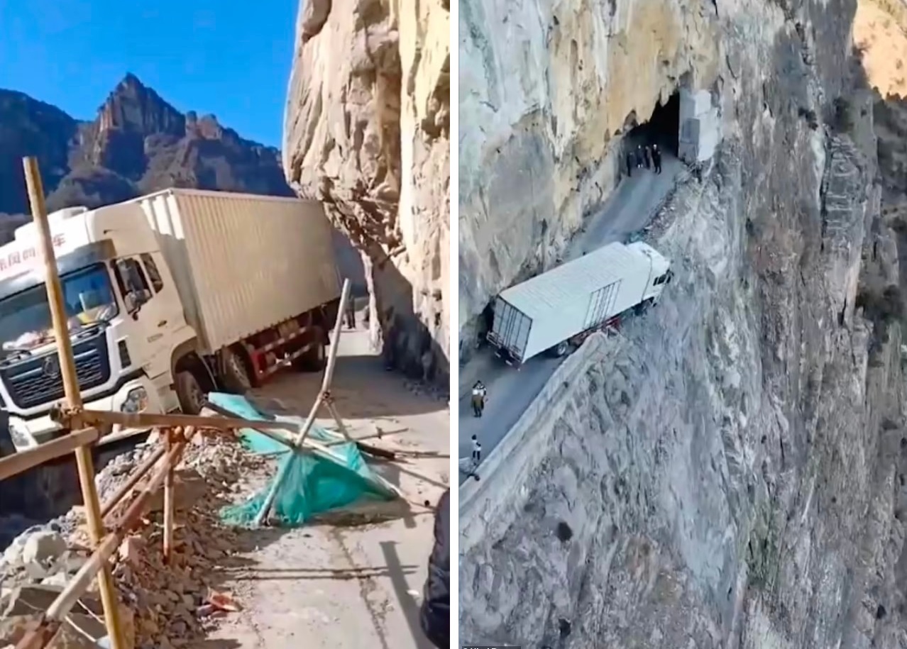 شاهد: شاحنة تنجو بأعجوبة من السقوط في منحدر جبلي