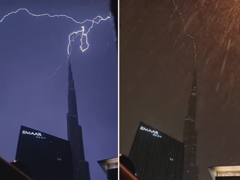شاهد.. صاعقة رعدية تضرب قمة برج خليفة في دبي