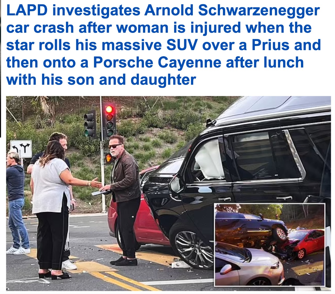 شاهد.. الفنان الأمريكي الشهير " أرنولد شوارزنيجر" يتعرض لحادث وسيارته تصعد فوق مركبة امرأة