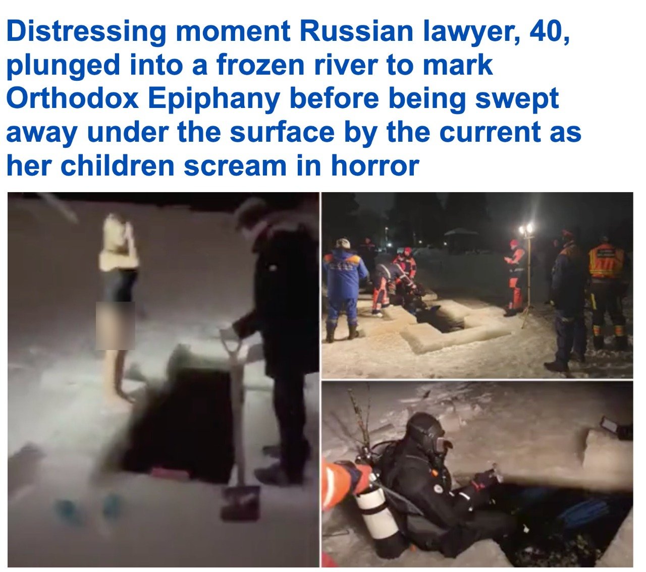 شاهد .. امرأة روسية تغطس في نهر متجمد أمام زوجها وأطفالها .. وبعد قفزها وقعت المأساة !